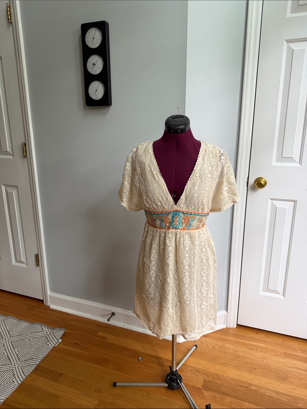 dina be Cream Lace Mini Dress with Embroidered Turquoise & Orange Waist